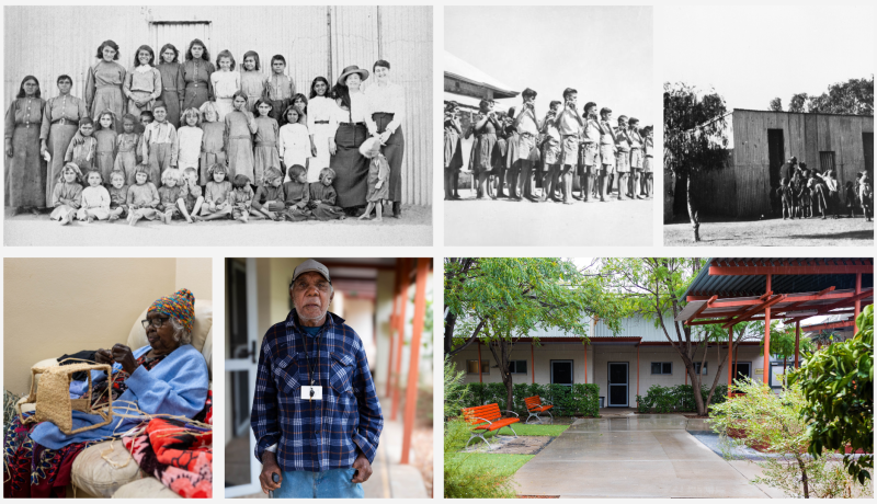 Top left: Topsy Smith 1874–1960 – pictured second from the left. (Source: Library and Archives NT).   Top middle: Band of The Bungalow, Alice Springs (Source: National Archives of Australia)  Top right: Another view of The Bungalow, Alice Springs (Source: National Archives of Australia)  Bottom left and middle: Topsy Smith Hostel residents.  Bottom right: Topsy Smith Hostel today.