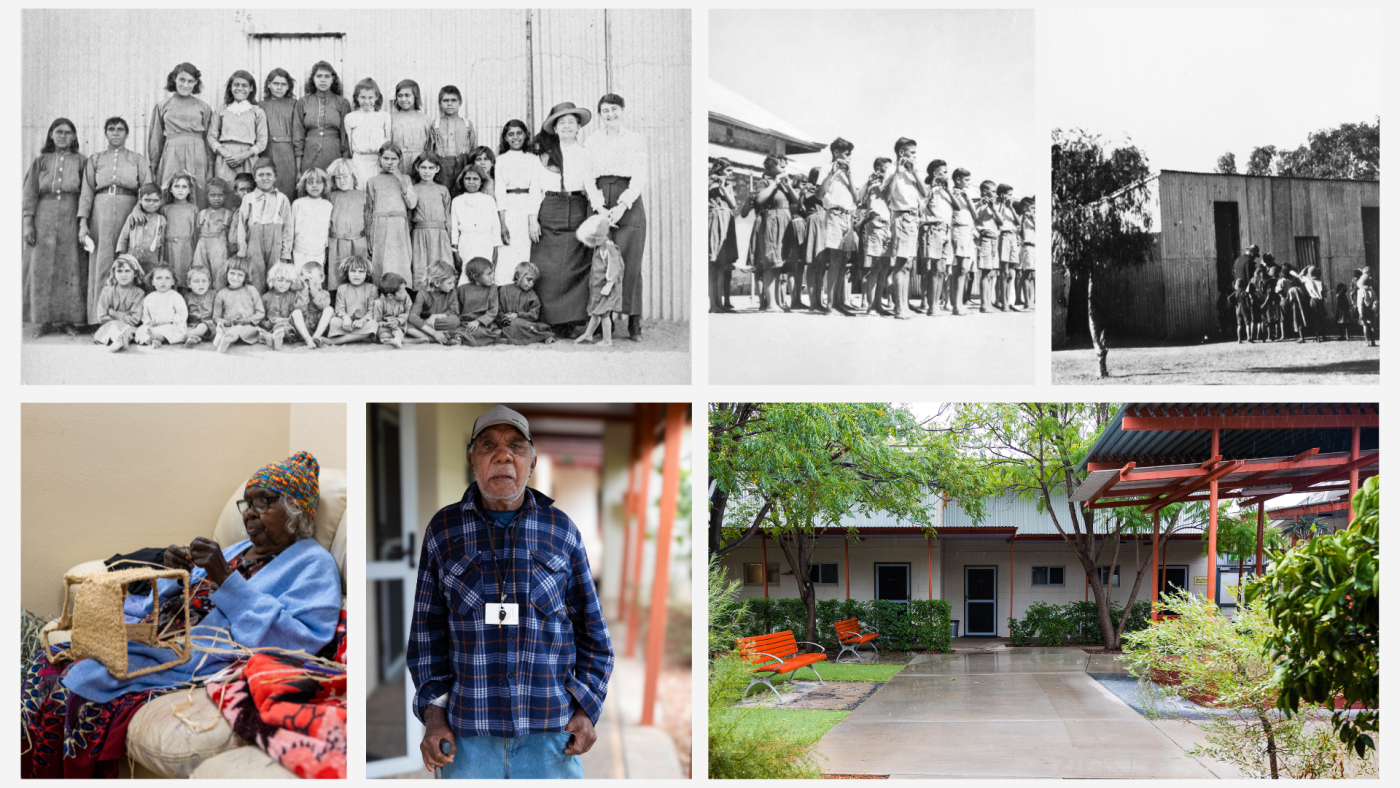 Top left: Topsy Smith 1874–1960 – pictured second from the left. (Source: Library and Archives NT).   Top middle: Band of The Bungalow, Alice Springs (Source: National Archives of Australia)  Top right: Another view of The Bungalow, Alice Springs (Source: National Archives of Australia)  Bottom left and middle: Topsy Smith Hostel residents.  Bottom right: Topsy Smith Hostel today.